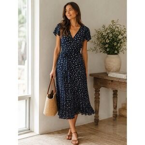 Polo Ralph Lauren Floral Wrap Dress 10 Navy Midi Cottagecore Cotton Ruffle
